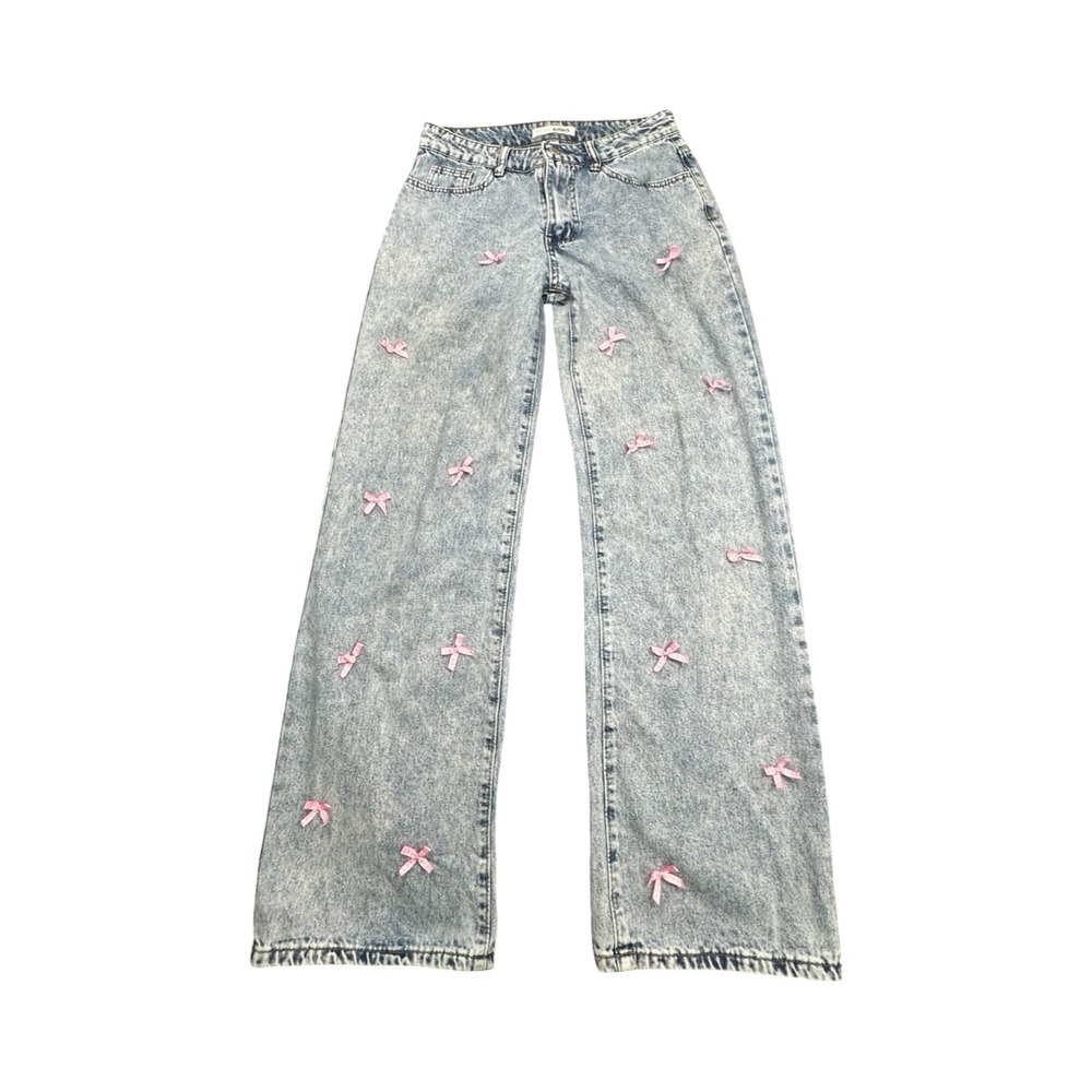 Love Soho Jeans Womens‎ 5 Blue Pink Bow Wide Leg Acid Wash Coquette Denim Pants